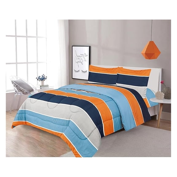 2 Piece Twin Size Comforter Set with Shams, Blue Orange Gray Stripes Print Multicolor Boys Kids Girls Teen Comforter Bed Cover, (Kids Stripe, T, 2pc)