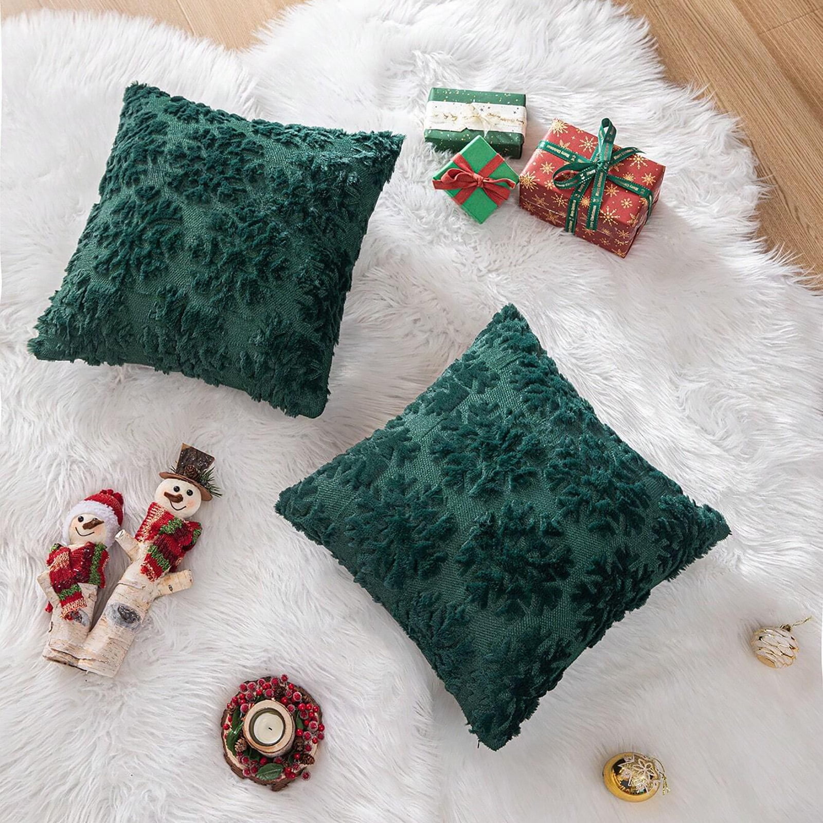 Amyhill Christmas Pillow Covers Set Of 2 - 18x18 Inch Double Sided Plush Faux Fur, Red With Gold Hot Stamping