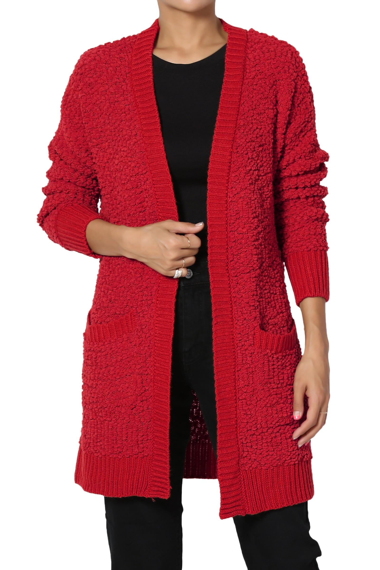 red popcorn cardigan sweater
