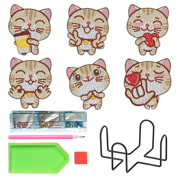 6pcs DIY Diamond Painting Coaster Kit with Happy Cat Design and Stand, Perfect for Home Decor and Gift Giving