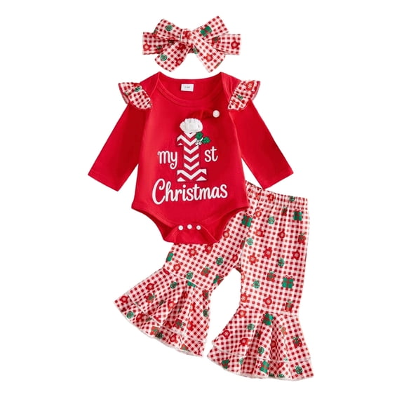 eczipvz Ropa Newborn Girl Newborn Baby Girl Clothes Infant Girl Outfits Long Sleeve Ruffle Romper Floral Pants Headband Set Red,0-3 Months