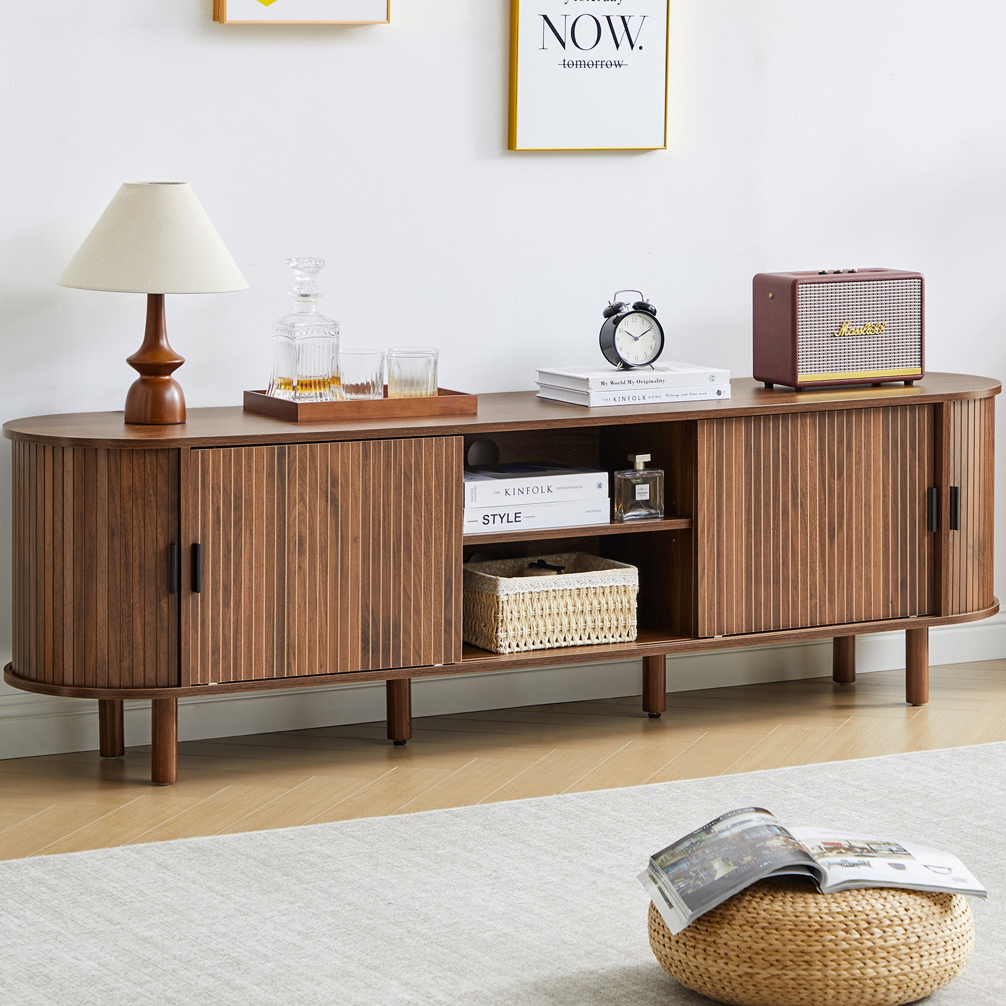 LEFHDA 70.8" Mid Century Modern TV Stand, Wood Tambour Door Entertainment Center with Storage for TVs Up to 75", Curved Edge Cabinet for Living Room Bedroom（Walnut）