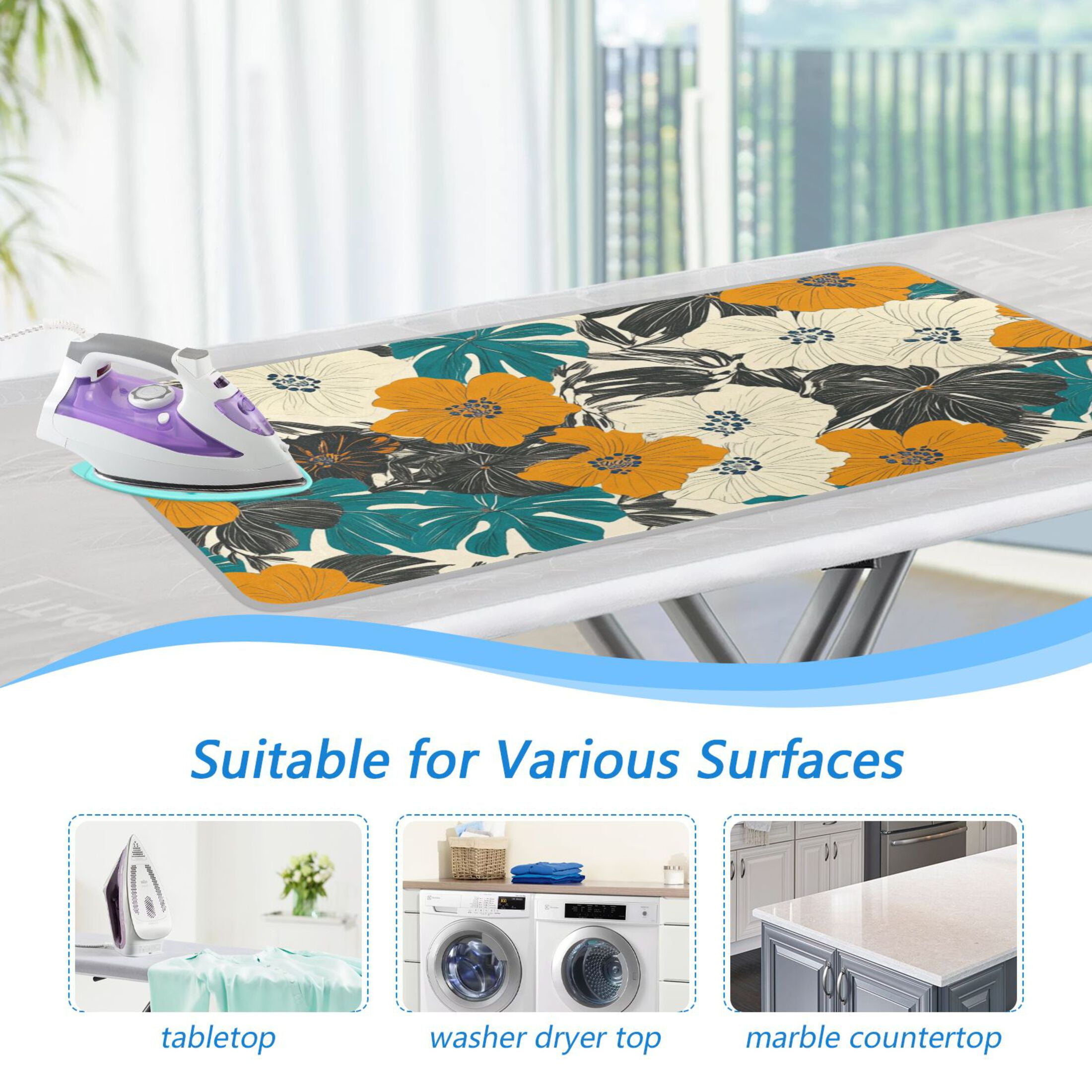 Retro Hibiscus Flowers Leaves Tropical Ironing Mat Blanket Portable Travel Ironing Pad Heat Resistant Pad 47.2" x 27.6”