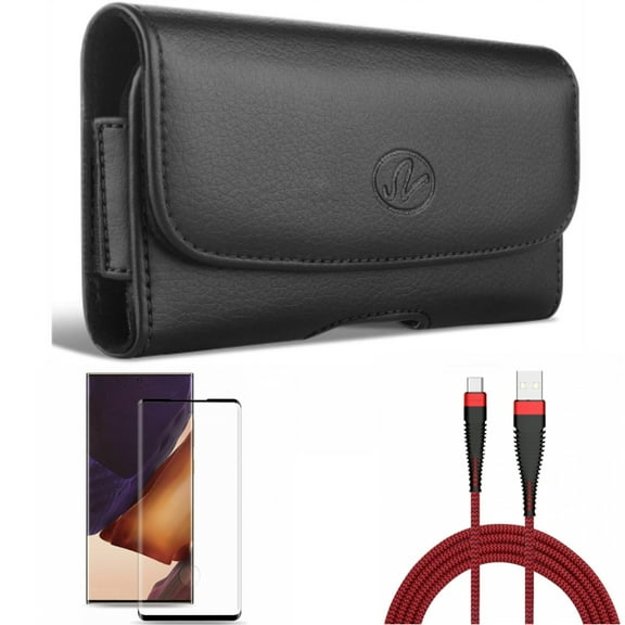 Case Belt Clip & 10ft USB Cable & Screen Protector for Samsung Galaxy Note 20 Ultra (6.9") - Combo with Leather Swivel & Type-C Charger Cord & Tempered Glass (Fingerprint Unlock)