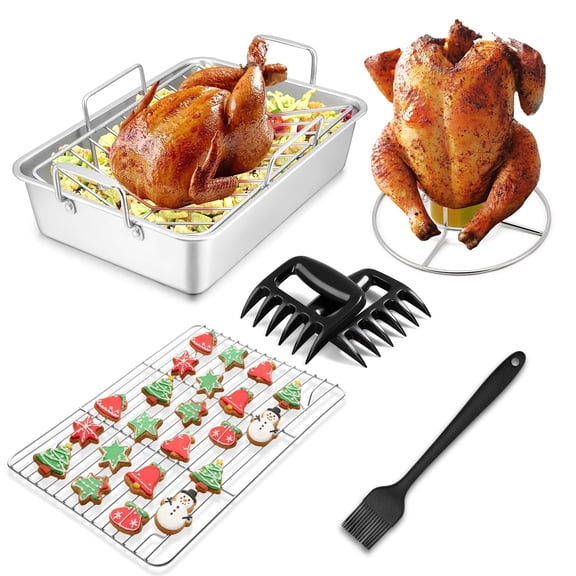 Coliware 16 Inch Roasting Pan Set, Stainless Steel Turkey Roaster with 6 PCS Tools, Large Deep Lasagna Bakeware, Heavy-Duty & Dishwasher Safe Food Serving Pan