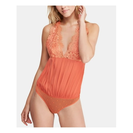 FREE PEOPLE Womens Orange Lace Snap Closure Sleeveless V Neck Body Suit Bodysuit XS