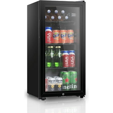 HUMSURE 105-Can Beverage Refrigerator, Glass Door & Shelves, Dorm & Office Cooler, Black