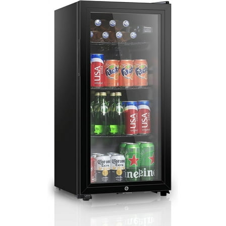 HUMSURE 105-Can Beverage Refrigerator, Glass Door & Shelves, Dorm & Office Cooler, Black