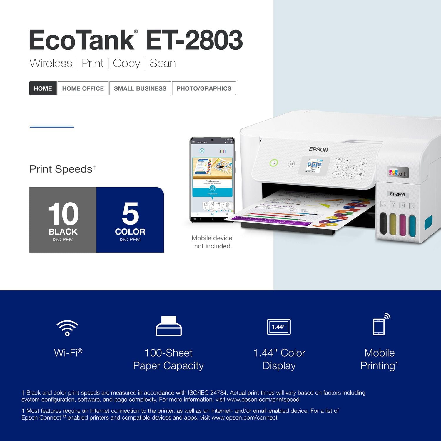 Imprimante multifonction couleur sans cartouche Epson EcoTank ET-2803 à réservoirs d’encre géants avec scanneur, copieur et connectivité sans fil