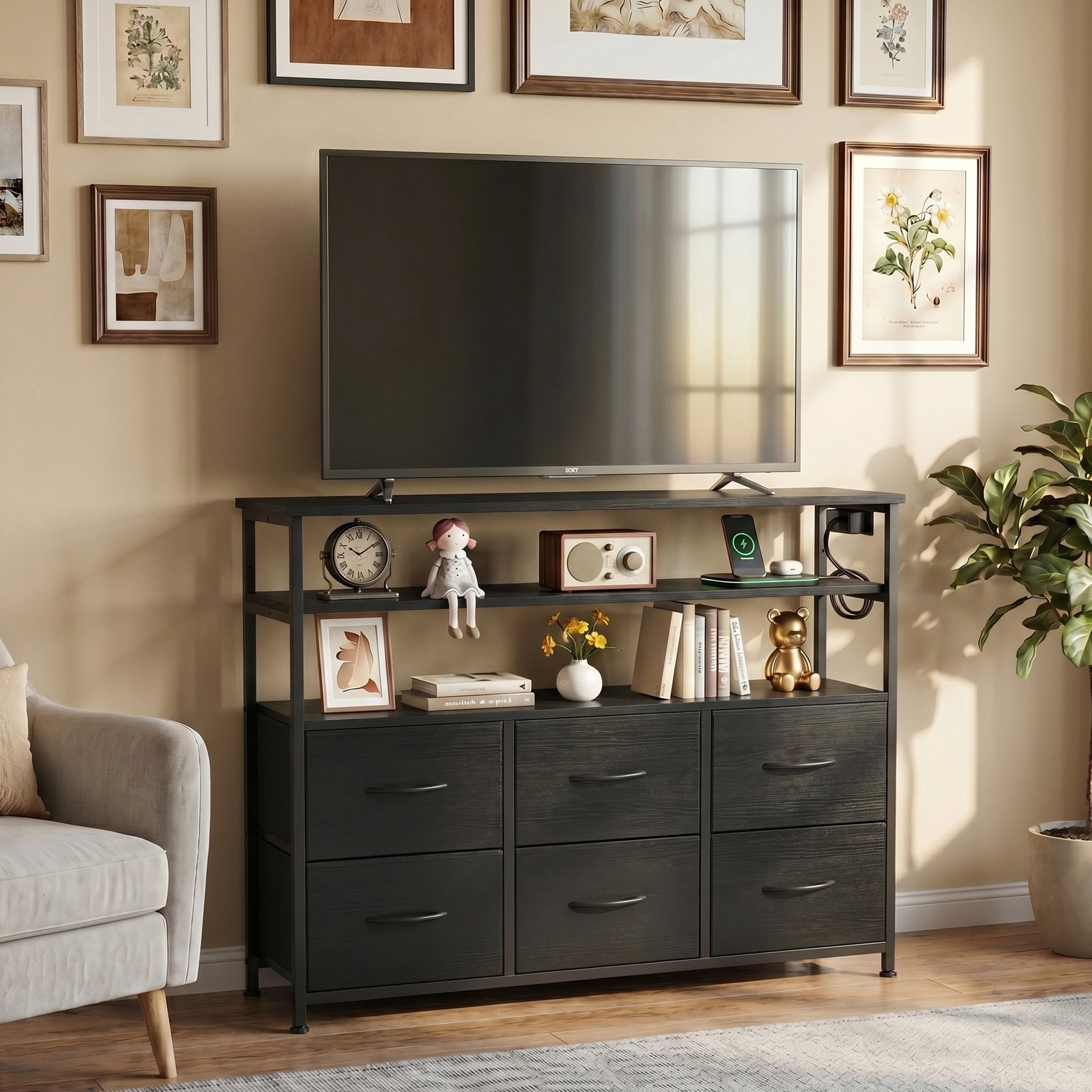 CONCETTA 45 inch TV Stand, 6-Drawer Fabric Dresser with LED Lights and Charging Station, Entertainment Center for Bedroom Living Room Hallway, Black