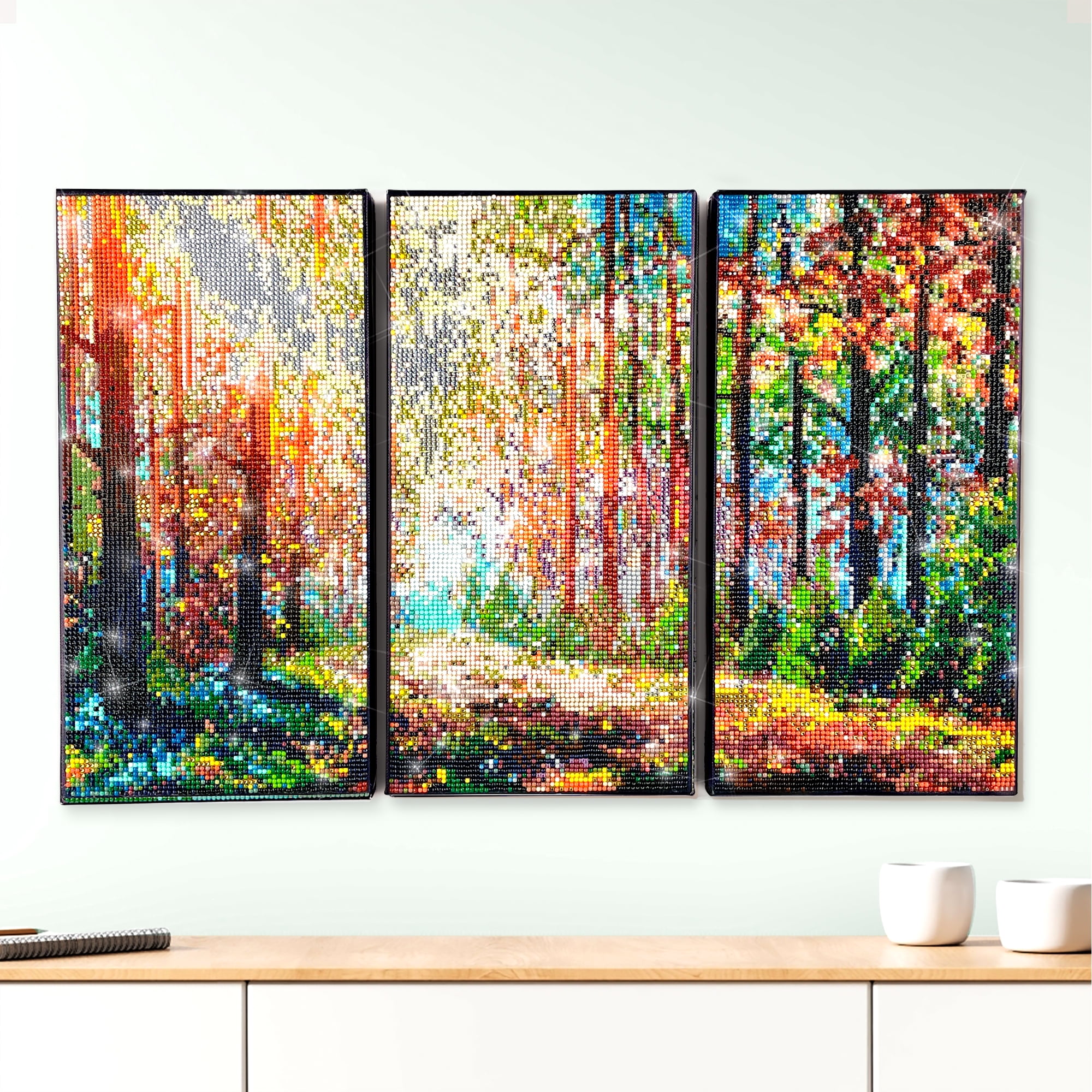 ArtSkills Diamond Painting Kit, Diamond Art Ready to Hang Framed Canvas with Storage and Accessory Kit, Forest, 3 Stretched Canvas Panels, 14” x 7” Each