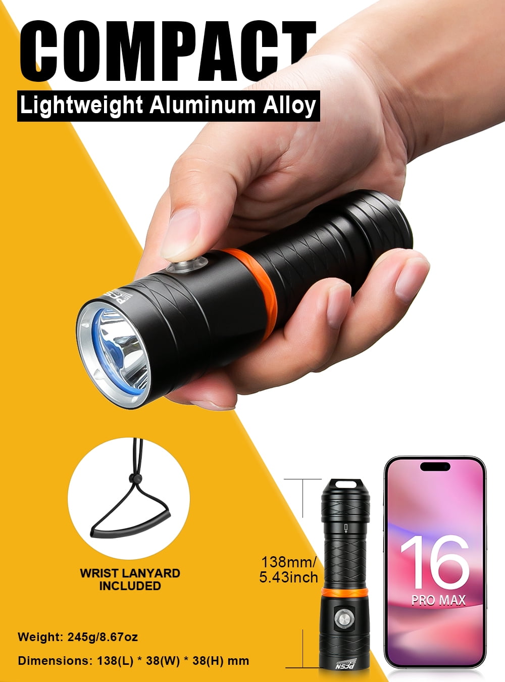 PFSN DF35B 3500 Lumen Scuba Dive Light, IPX68 Waterproof, USB Rechargeable Diving Flashlight, Black