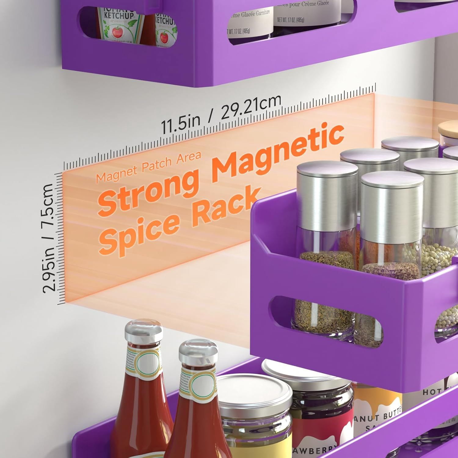 4 Pack Magnetic Spice Rack for Refrigerator Multipurpose Fridge Shelf with 4 Hooks Purple for Kitchen Bathroom Storage