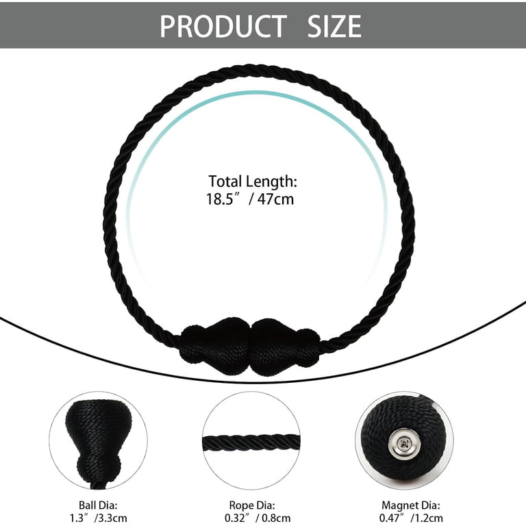 Magnetic Curtain Tiebacks (6-Pack) - Black Rope Decorative Holdbacks For Drapes, Strong Magnets, 18.5" Long