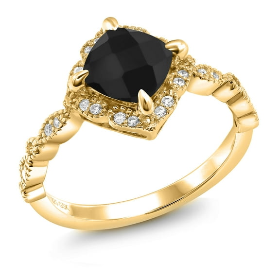 Gem Stone King 18K Yellow Gold Plated Silver Ring Cushion Checkerboard Black Onyx and Moissanite (1.66 Cttw, Size 8)