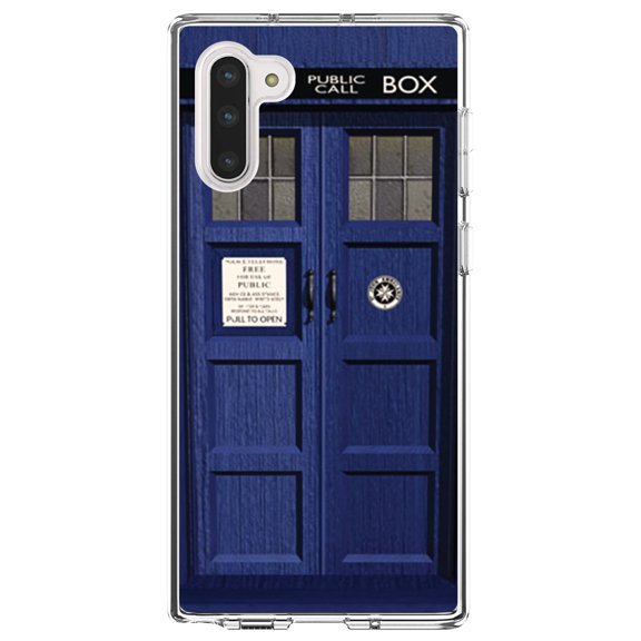 DistinctInk Clear Shockproof Hybrid Case for Samsung Galaxy Note 10 (6.3" Screen) - TPU Bumper, Acrylic Back, Tempered Glass Screen Protector - London Police Call Box TARDIS