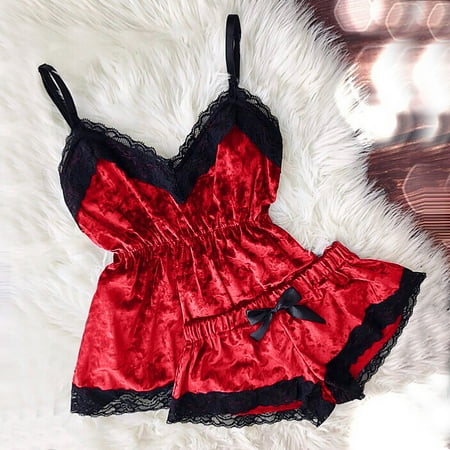 

MRULIC intimates for women Women VNeck Eyelash Lace Stain Camisole Pajamas Bowknot Shorts Set Red + L