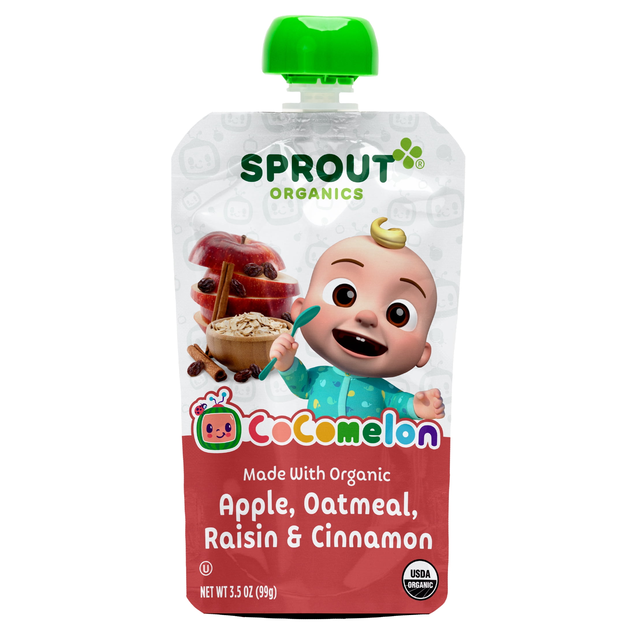 CoComelon Sprout Organics Stage 2 Baby Food, Organic Apple, Oatmeal, Raisin & Cinnamon, 3.5 oz Pouch