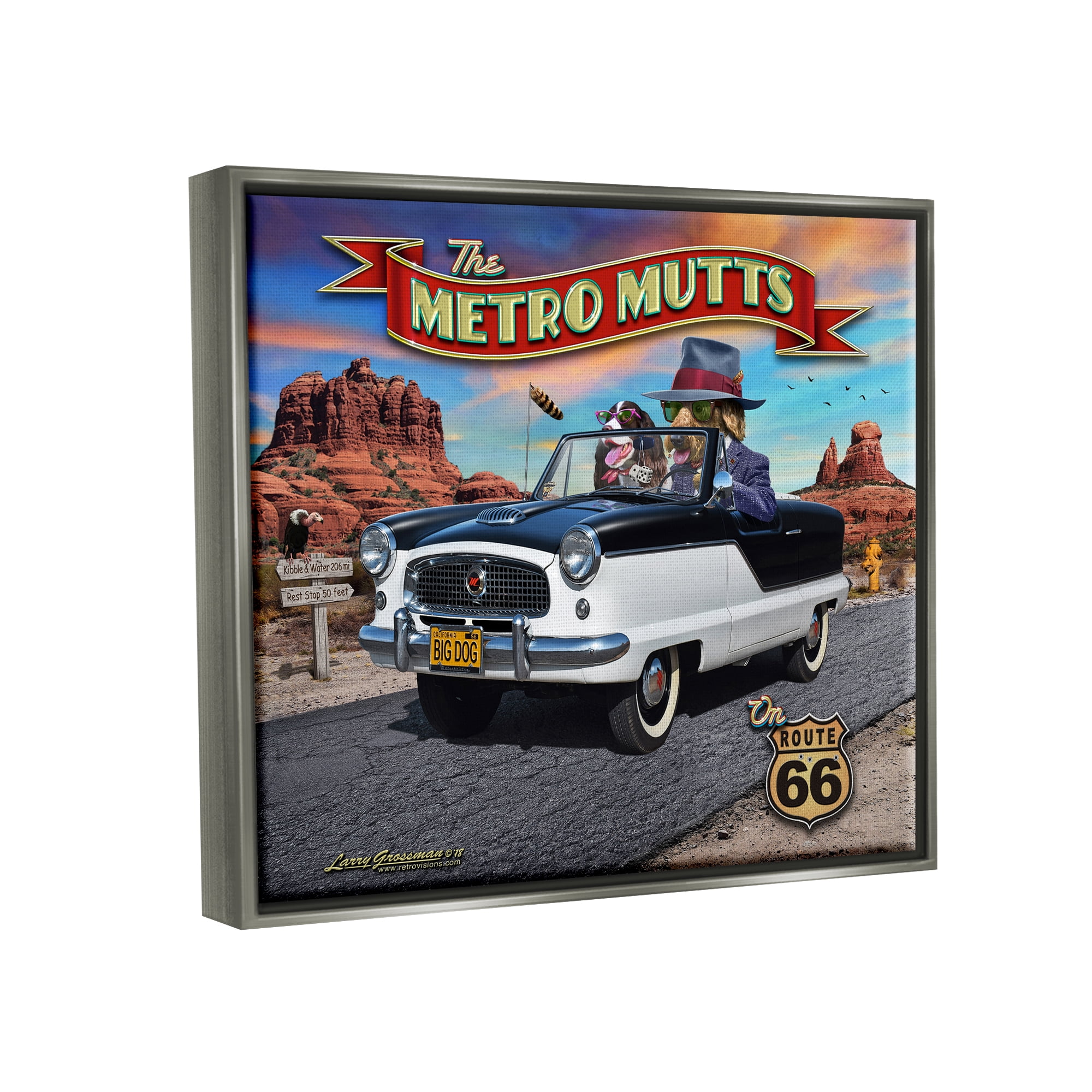 Stupell Industries Metro Mutts Vintage Car Transportation Painting Gray Floater Framed Canvas Art Print Wall Art, 21 x 17