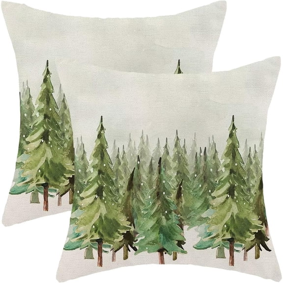 Christmas Throw Pillow Covers 18x18 Inch Set of 2, Christmas Tree Decorative Pillow Covers Watercolour Tree Marry Xmax Outdoor Cushion Cover for Sofa Couch Farmhouse Living Room