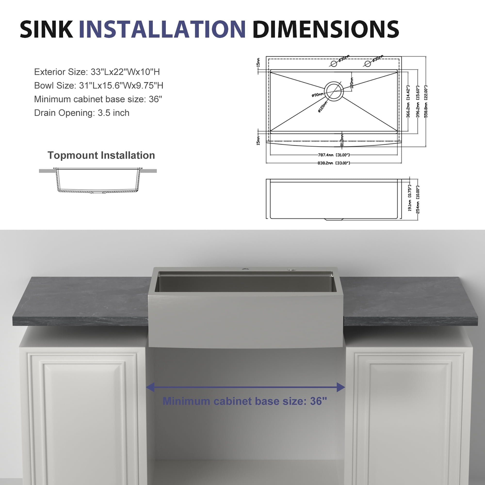 SUNRINX 33" Drop-in Workstation Farmhouse Kitchen Sink, 16 Gauge Stainless Steel, Brushed Nickel
