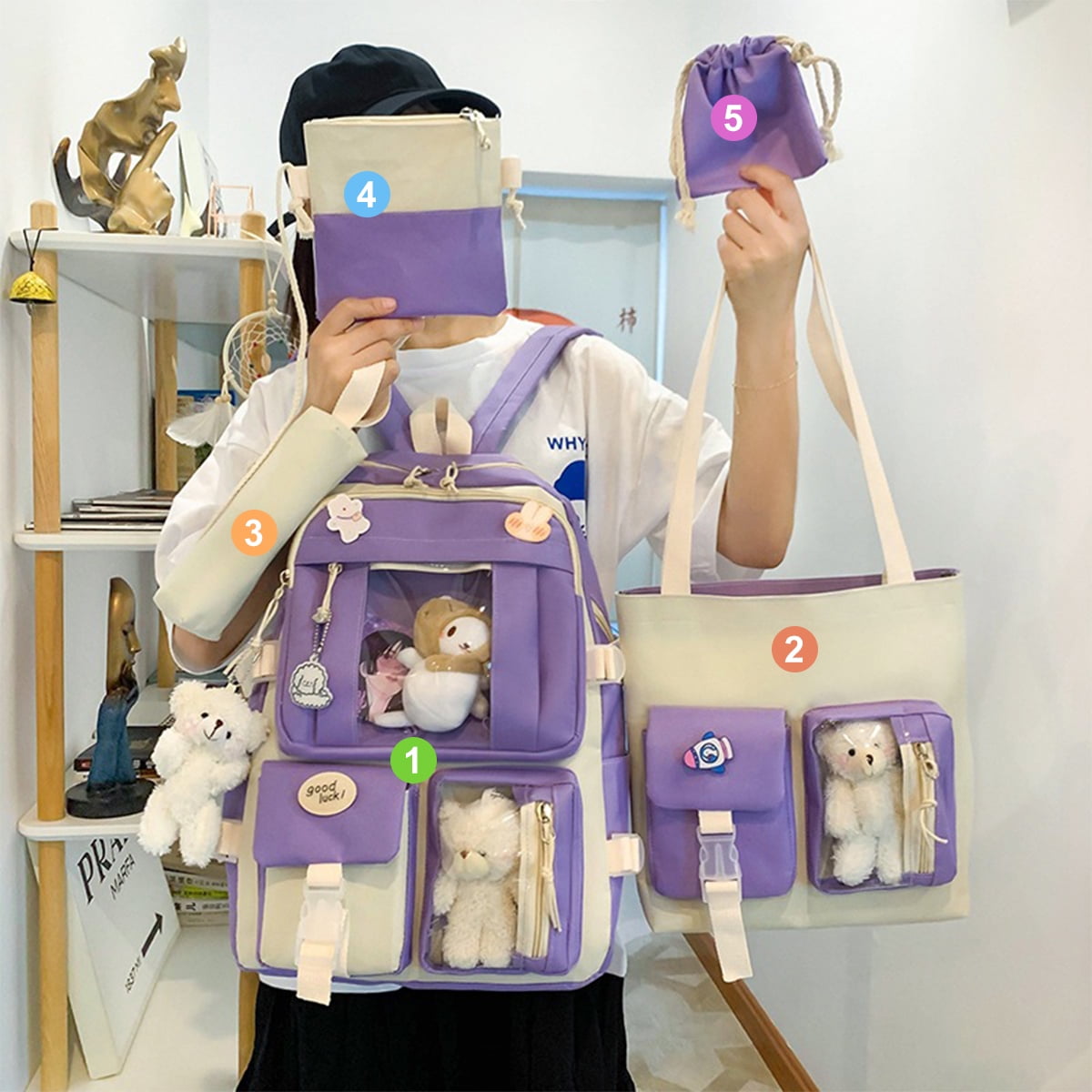 Sanmadrola 5PCS School Backpacks Cute Plush Bear Backpack Set with Pendants and Pins Accessories Kawaii Laptop Bag School Bags, Purple