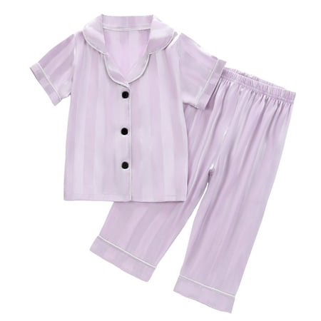 Youmylove Girls Summer Pajamas Toddler Boys Girls Satin Pajamas Sets Short Sleeve Striped Shirt Tops Pants 2Pcs Button-Down Sleepwear Nightwear Holiday Sleepwear Set 5-6 Years