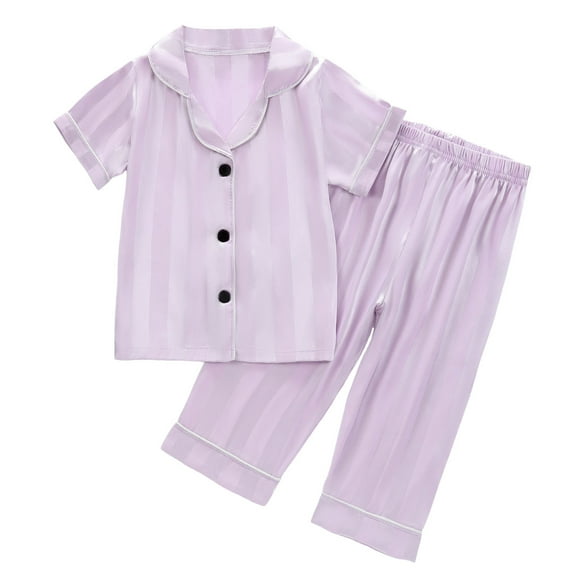 Toddler Satin Pajamas for Girls Striped Girl Pajamas Button Down Solid Tops T Shirt Pants Girl Pajamas Size 18-24 Months