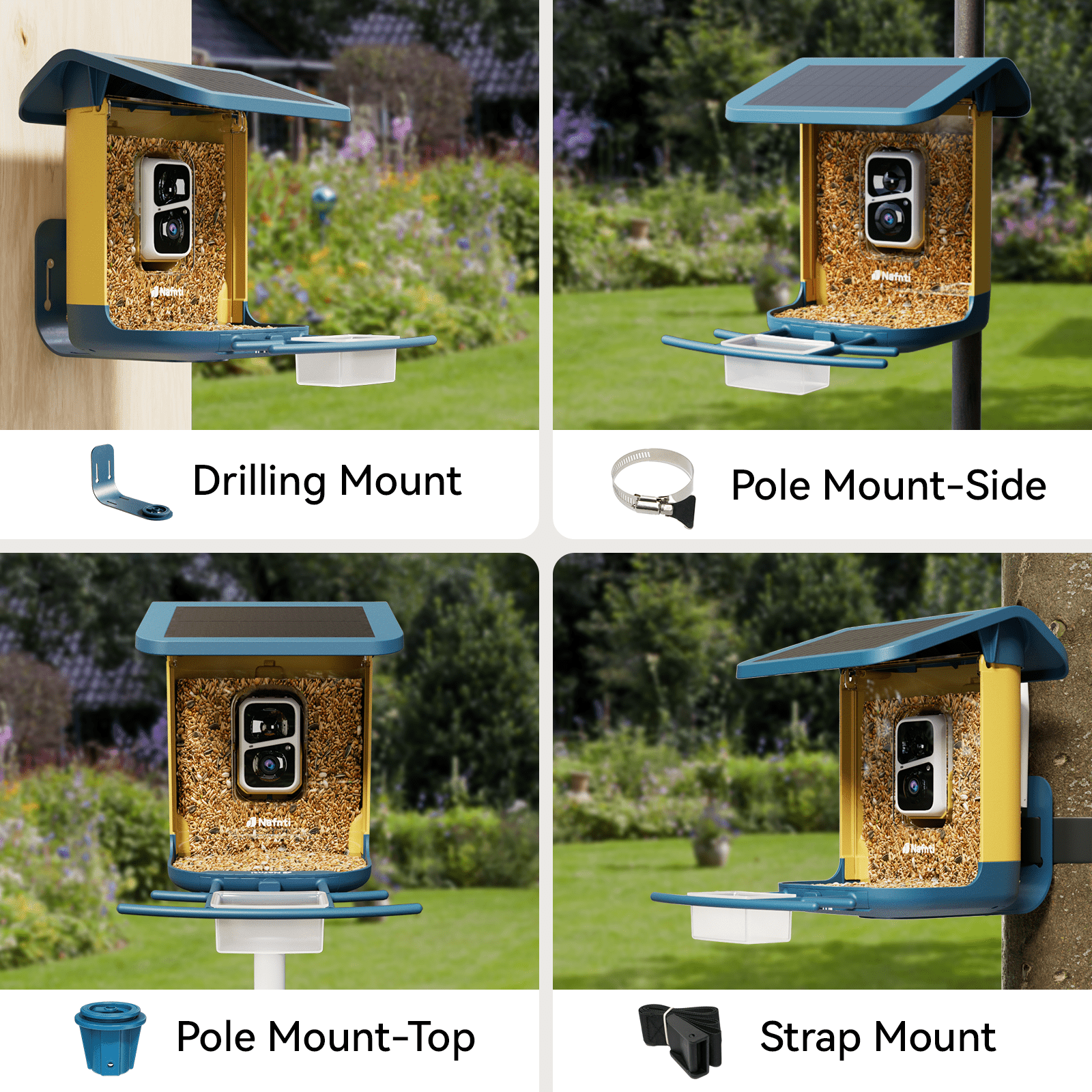 Nafnti Smart Bird Feeder, 5GHz/2.4GHz, 2K HD Bird Feeder Camera with Solar Roof, AI Bird Species Identify, IP65 Waterproof Rating, for Bird Watcher Gift, Blue