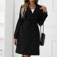 thumbnail image 2 of Defitshape Women's Double Breasted Trench Coats Dressy Thin Light Lightweight Long Sleeve Belted Jacket Midi Knee Length Outerwear Short Detective Outfit Fall Coat Black Medium, 2 of 5