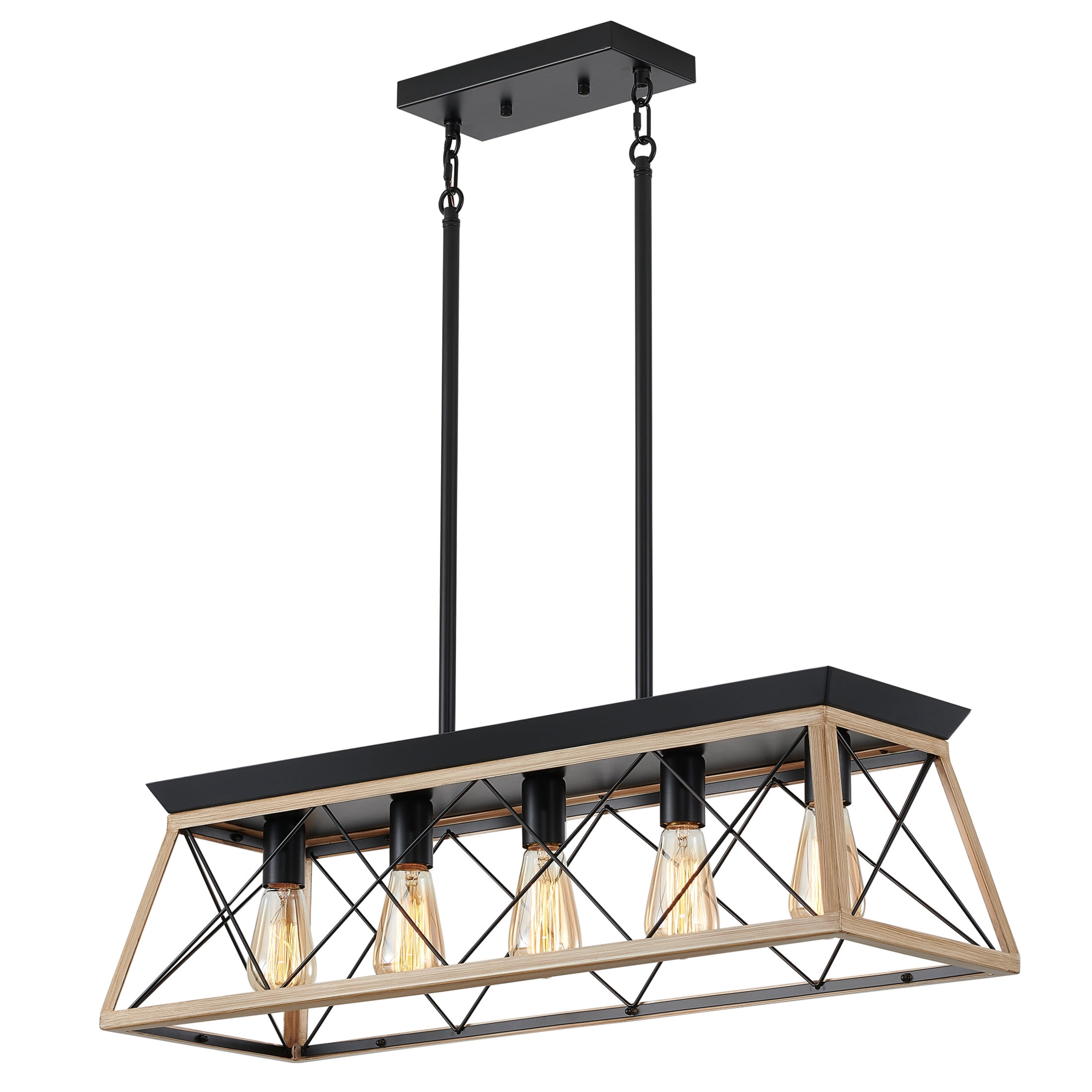 GDF Studio 5-Light E26 Farmhouse Chandelier, Rustic Kitchen Island Pendant Light with Adjustable Height, Natural Wood