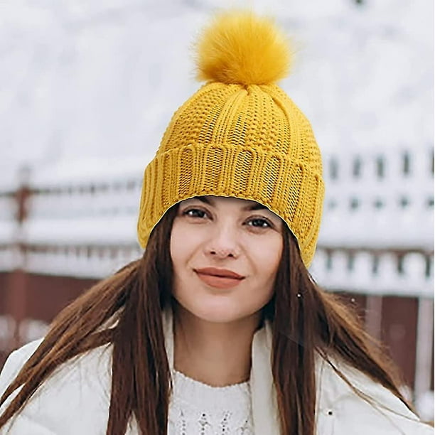 Women Winter Beanie Hat Ladies Warm Knitted Hats With Faux Fur Pom