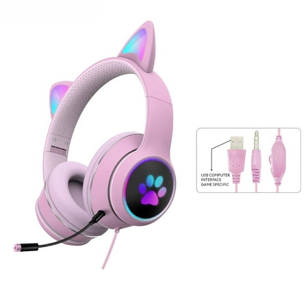 Yannee Light-emitting Cat Ear Headset Adjustable LED Light Cute Bluetooth Wireless Headphones Noise Cancelling with Microphone,Pink