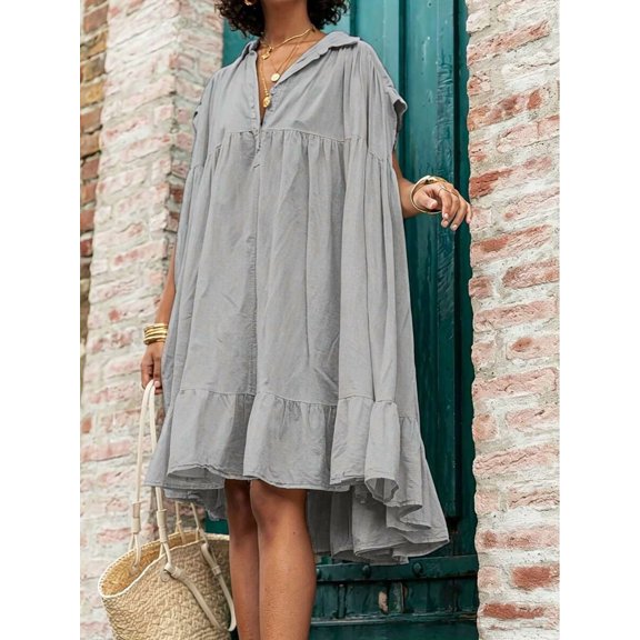 Plus Size Grey Bohemian Ultra Loose Doll Dress, Casual Summer Ruffle Hem