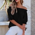 thumbnail image 4 of Womens Tops Short Sleeve Shirts Off the Shoulder Tops for Women Crewneck Dressy Casual Blouses Black 2XL, 4 of 5