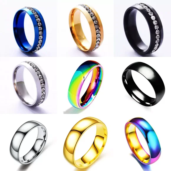 Bague en Acier Inoxydable 6mm Cristal Bague de Fête Couple Bijoux Cadeaux pour Hommes Femmes