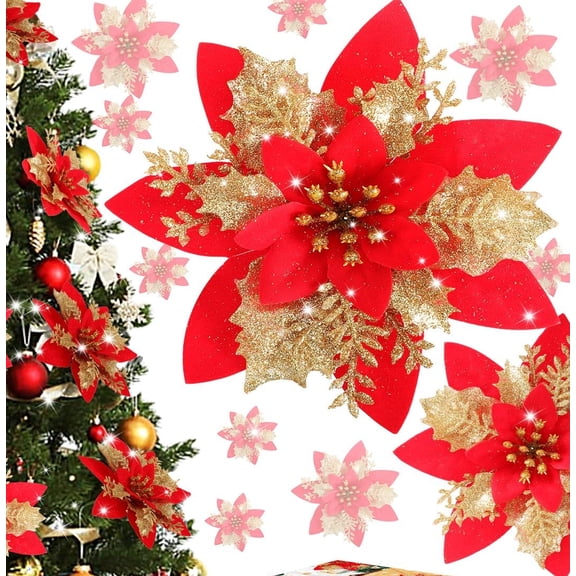 Poinsettia Christmas Flowers Decoration -12Pcs Artificial Red Gold Poinsettia Christmas Tree Ornaments Glittery for Xmas New Year Wedding Party Wreath DIY Garland Decor