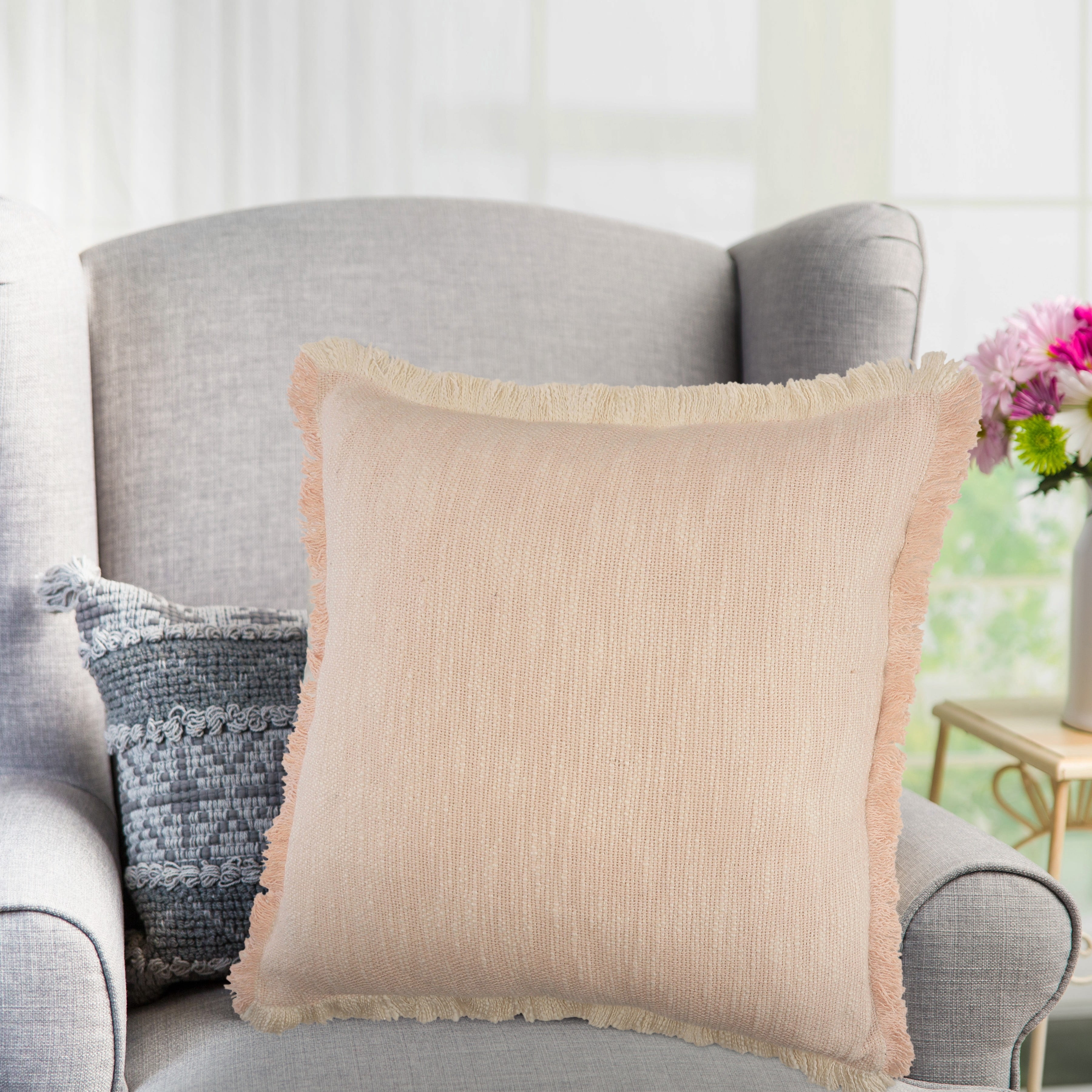 Ox Bay Bennett 20" x 20" Pink Solid Fringed Cotton Adult Decorative Throw Pillow Cover