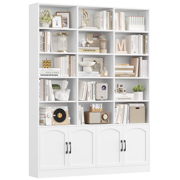 Homfa 5-Tier Triple Wide Bookcase with 4 Doors, 15 Cubes Bookcase with 2 Cabinets for Study Living Room Home Office, White
