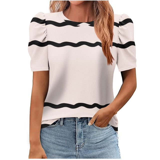 Pisexur Hauts pour Femmes, Hauts de Sortie pour Femmes & T-Shirt à Manches Courtes Col Rond Imprimé, Haut Ample, Hauts de Printemps pour Femmes Beige, P