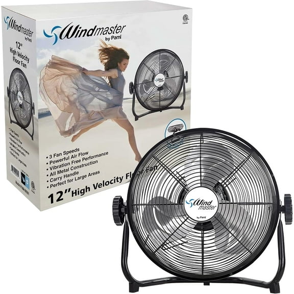 PAMI Floor Fan 12 inch Black ā High-Velocity Metal Electric Fan with 3 Speeds & Adjustable Head Fans for Home & Office