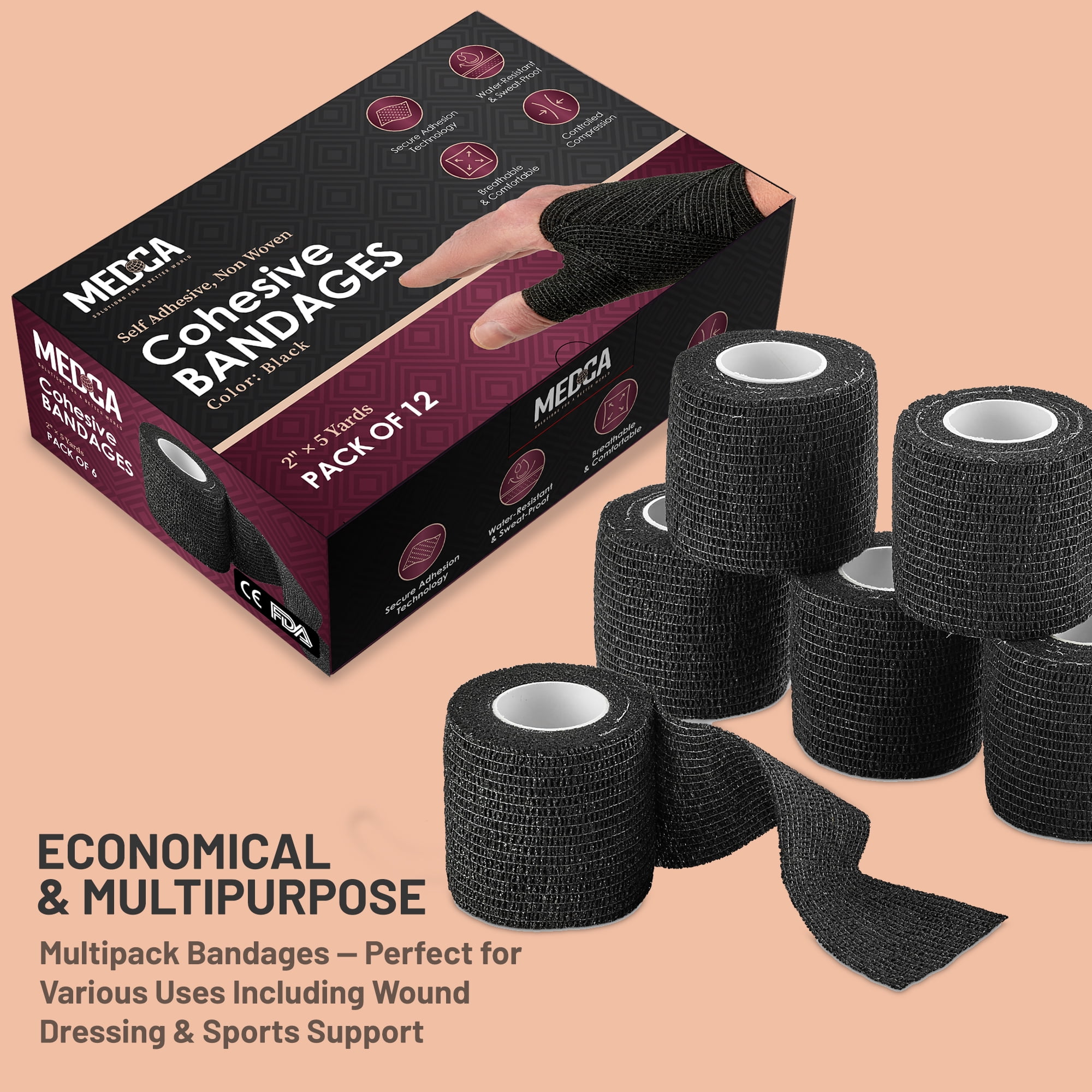 MEDca Self-Adhesive Cohesive Sports Bandage, 2" x 5 Yards, Black, 12 Pack
