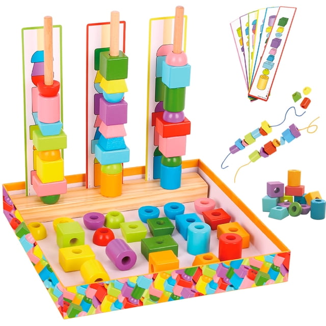 Juego didáctico MAGICAMENTE PARA APILAR y CLASIFICAR cuentas de madera 68 piezas