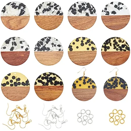 44pcs Round Leopard Resin Wooden Earring Pendants Resin Walnut Wood Earring Makings Kit Wood Earring Accessories with Earring Hooks Jump Rings for Necklace Jewelry Making
