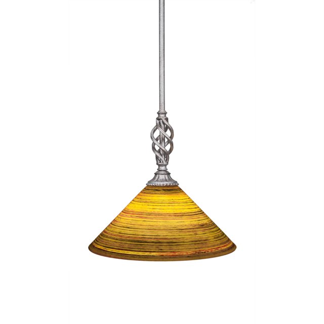Elegante colgante pequeño con eslabón giratorio recto colgante mostrado en acabado plateado envejecido con vidrio Saturno de 12 "más firme