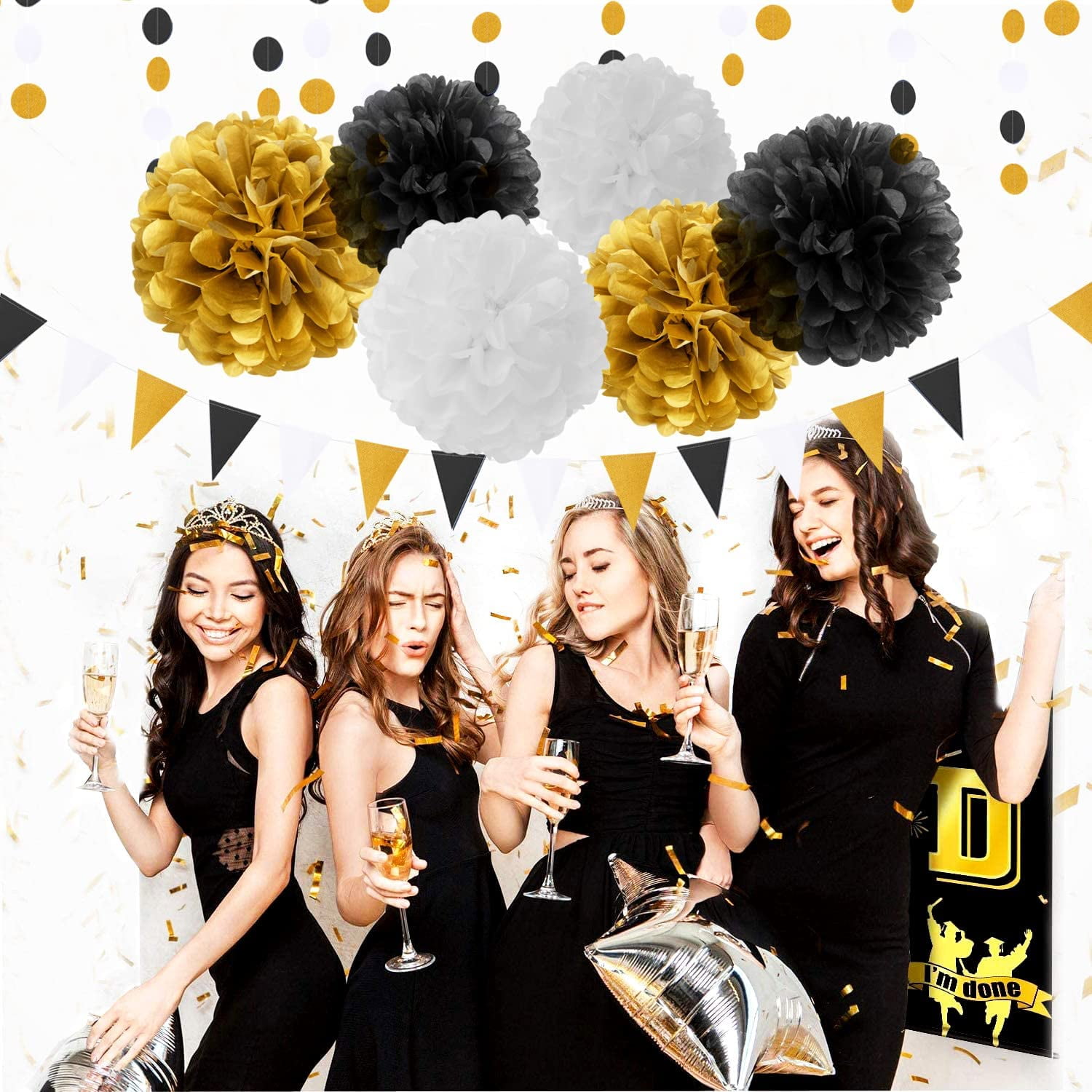 Black Gold Graduation Party Decorations - 23pcs Kits Farewell Tissue Pom Poms Flowers,Streamers Banner,Tassel Garland 50th Men Birthday Bachelorette Baby Shower Decoration Bunting