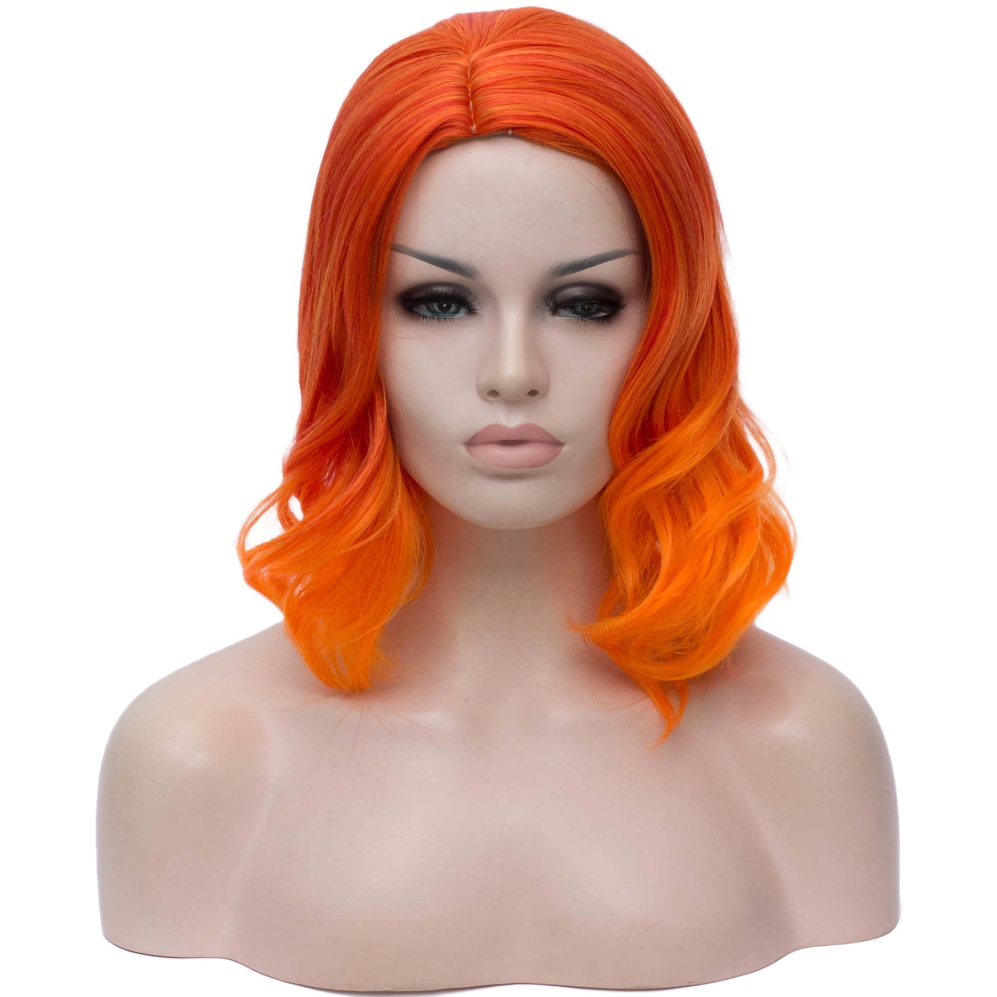 Unique Bargains Human Hair Wigs for Women 14' Gradient Orange Curly Wig with Wig Cap
