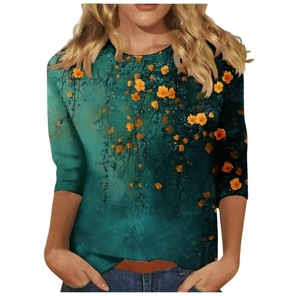 successthop Floral Blouses for Women Plus Size 3/4 Sleeve Shirt Lightweight Oversized Crewneck Trendy Clothes Print Top