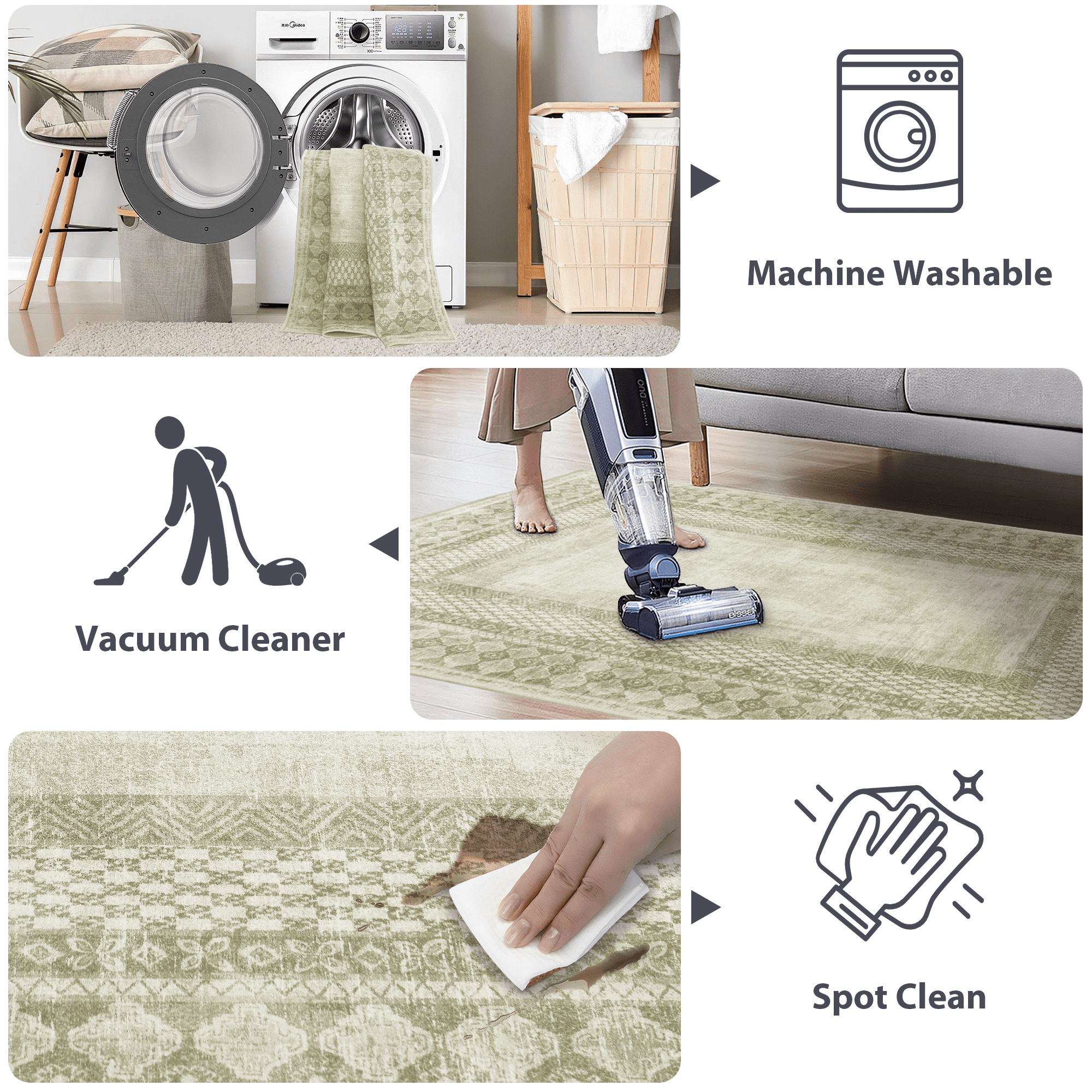 NICETOWN 2'x6' Hallway Runner Rug， Machine Washable Non-Slip Stain Resistant Area Rug Soft Foldable Mysterious Tribal Bordered Indoor Mat for Kitchen Bathroom Laundry Room, Sage Green