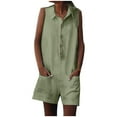 thumbnail image 1 of AherBiu Cotton Linen Jumpsuits for Women Half Button Lapel V Neck Wide Leg Rompers with Pockets 1 Piece Outfits, 1 of 7